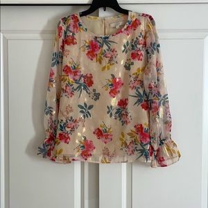 Loft Floral Blouse with Sheer Long Sleeves Size L